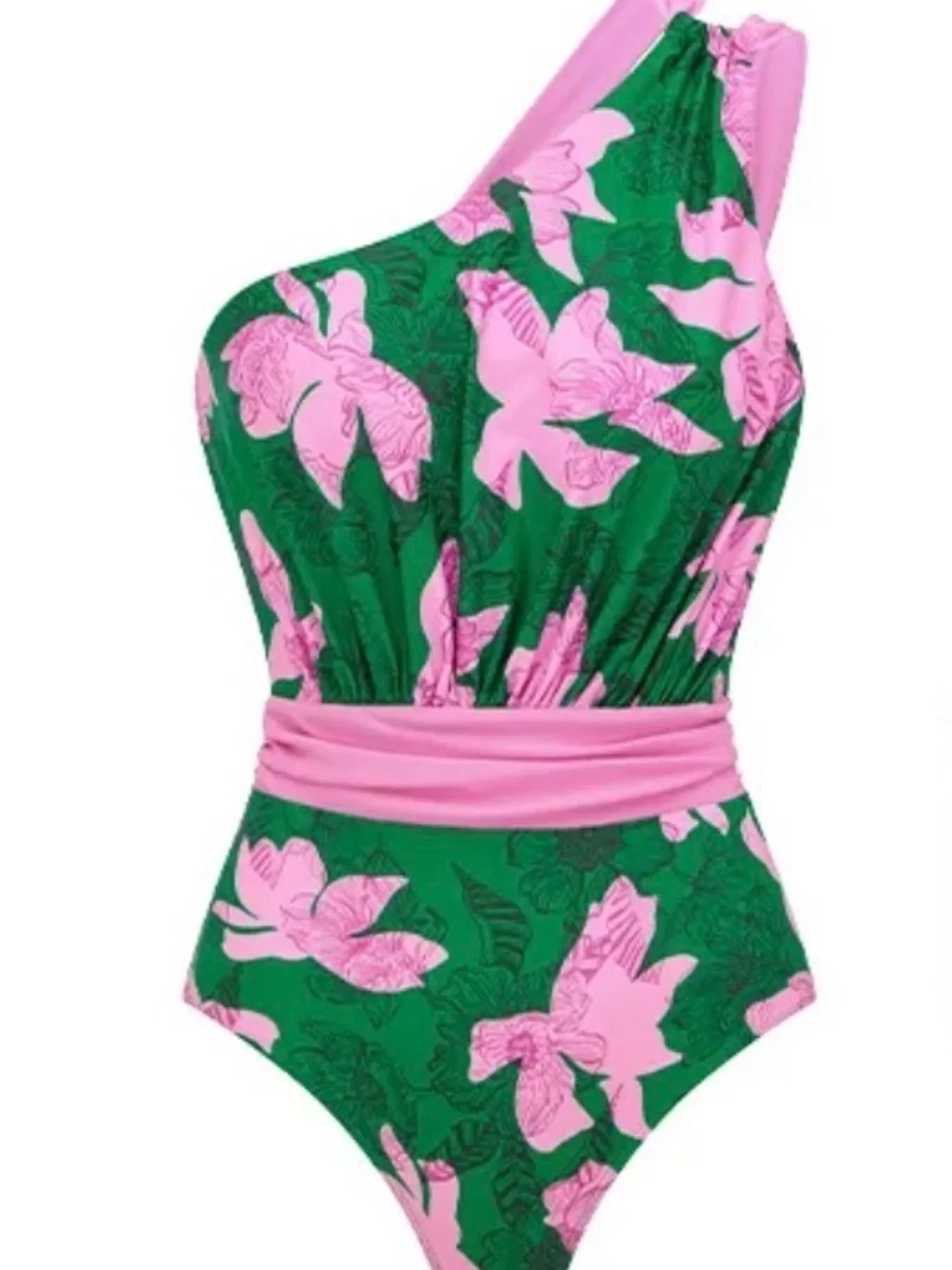 Green & Pink Floral One-Shoulder Swimsuit with Matching Skirt Size Medium